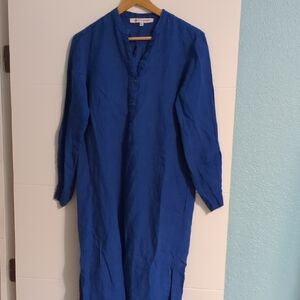 Tuckernuck Ro's Garden Solid Blue Long  Sleeve Linen Shift Dress Side Slits Sz S